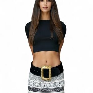 Streets Ahead Vintage black Wide Leather Belt Large Gold Buckle boho Whimsygoth